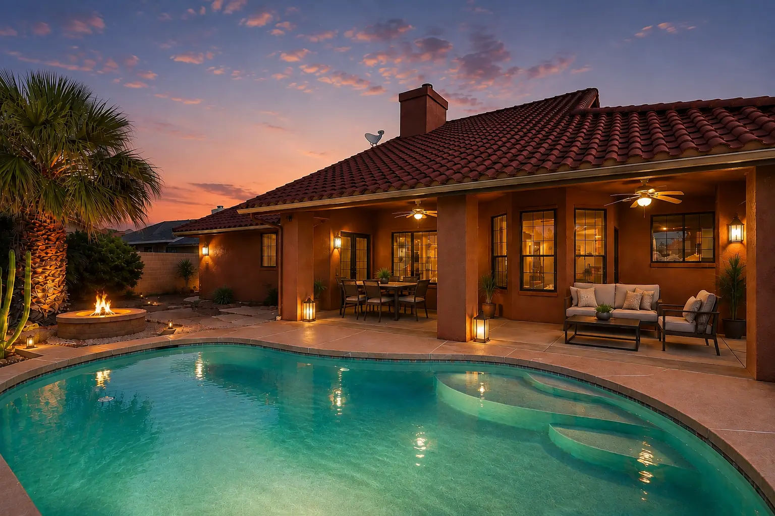 Lakeside Vista Villa — Pool & Fire Pit at Sunset