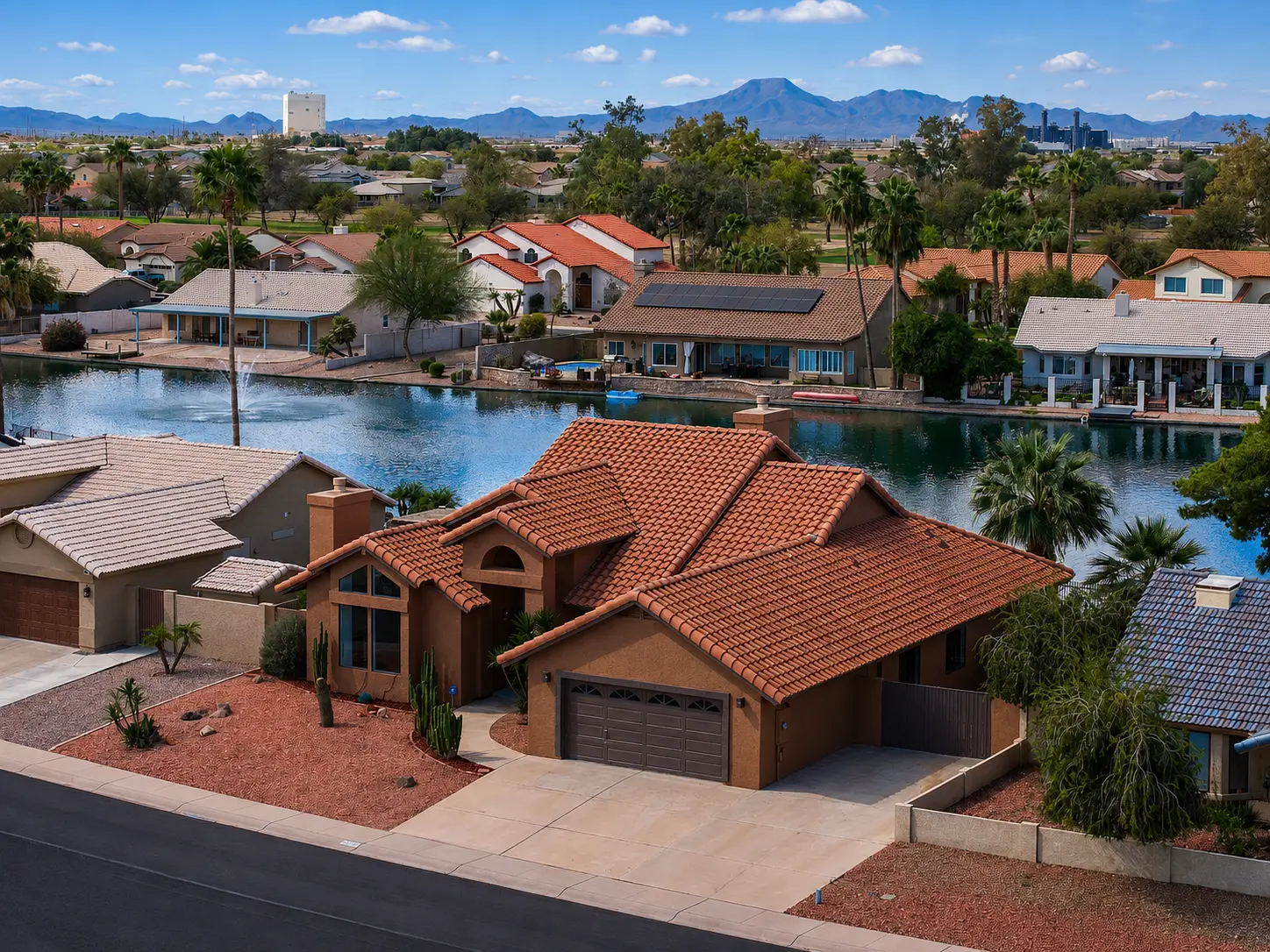 Lakeside Vista Villa from the air over the lake
