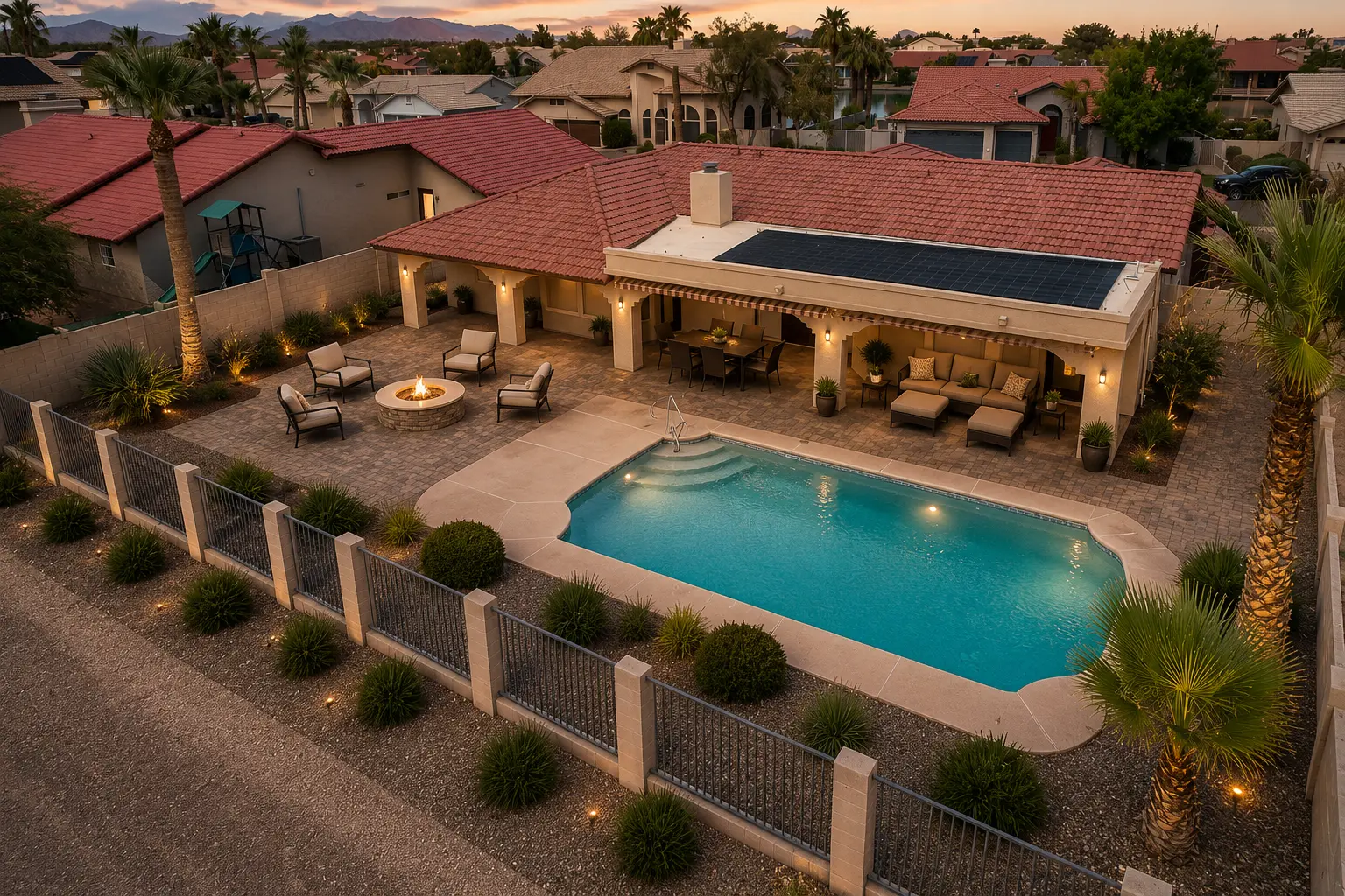 Fairway Vista Villa pool and fire pit at dusk