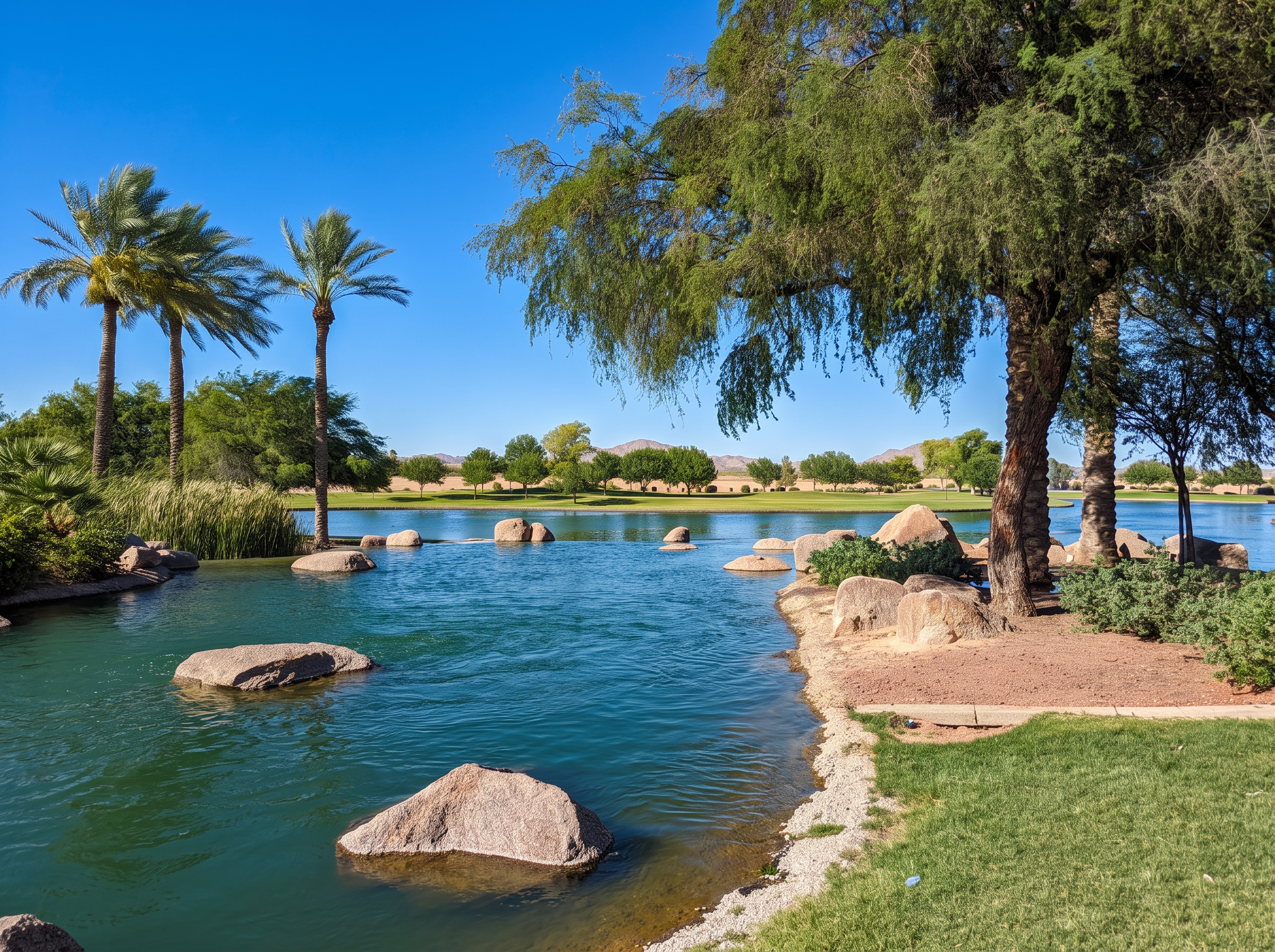 Resort lake with fountain and palm trees